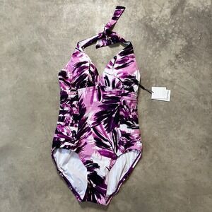 Calvin Klein Swimwear Womens Sz 4 Purple Feather Halter Pleated‎ Side One Piece